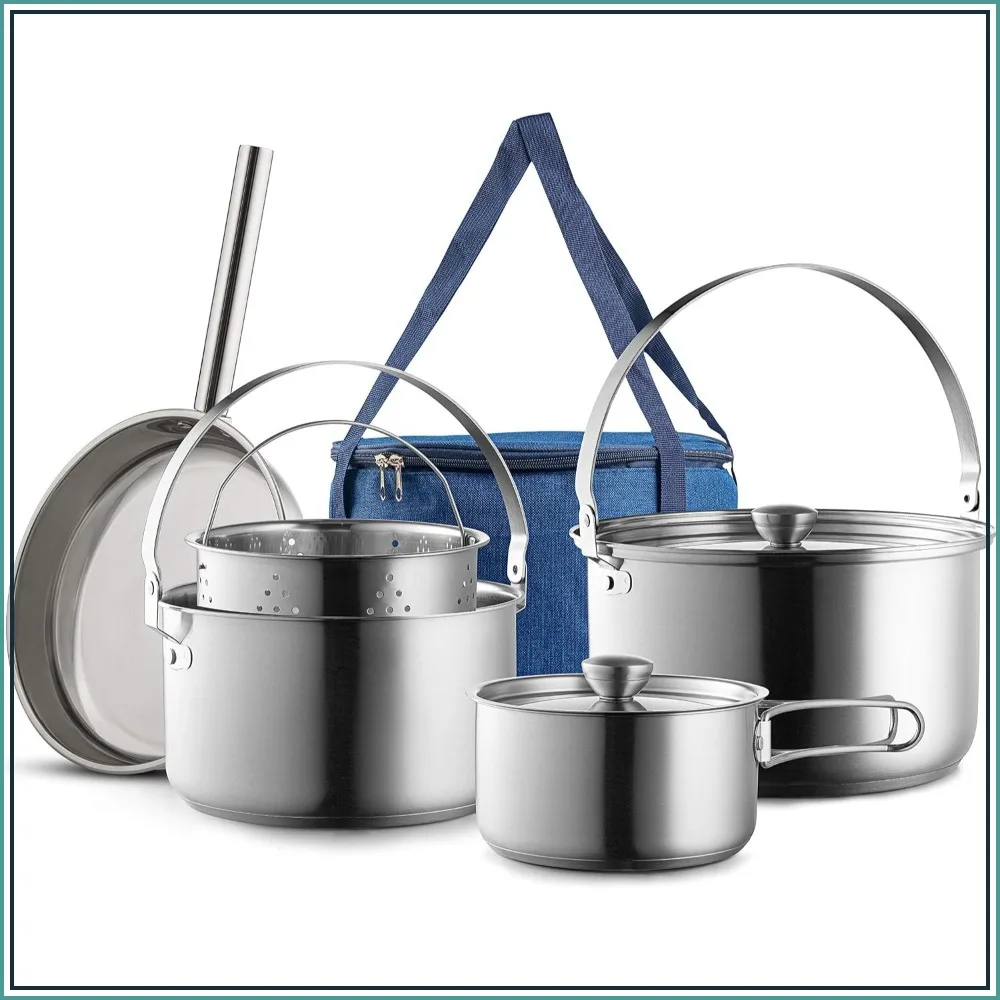 304 Stainless Steel Camping Cookware Set 8-Piece Pots Pans Open Fire Kit with Tote Bag
