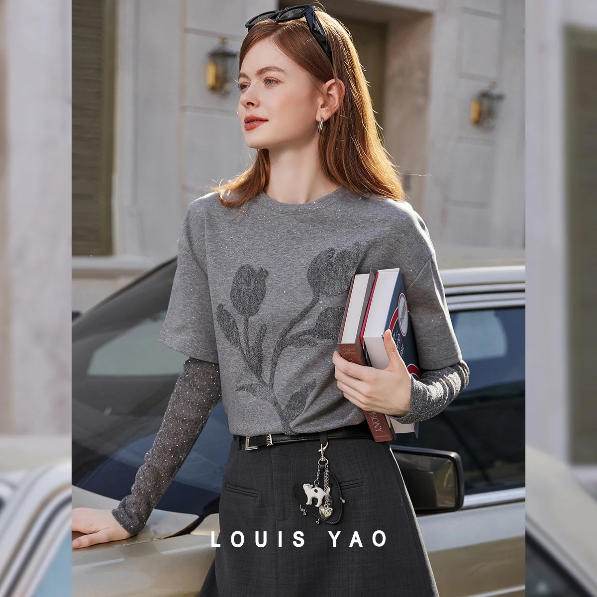 LOUIS YAO British Style Layered-Look Women's T-Shirt 2026 Spring Crew Neck Pullover Bouquet Pattern Long-Sleeve T-Shirt