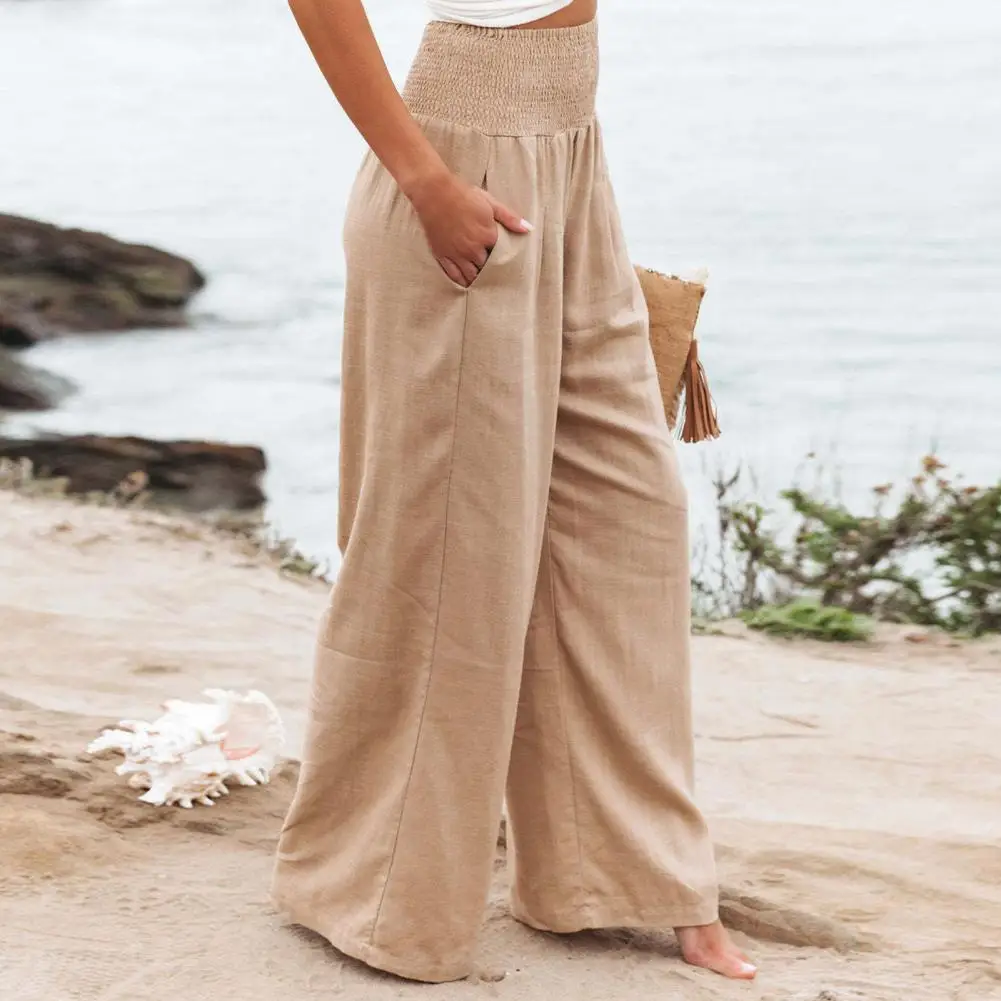 Women Trousers High Waist Solid Color Stretchy Waist Wide Leg Straight Summer Pants Daily Clothes