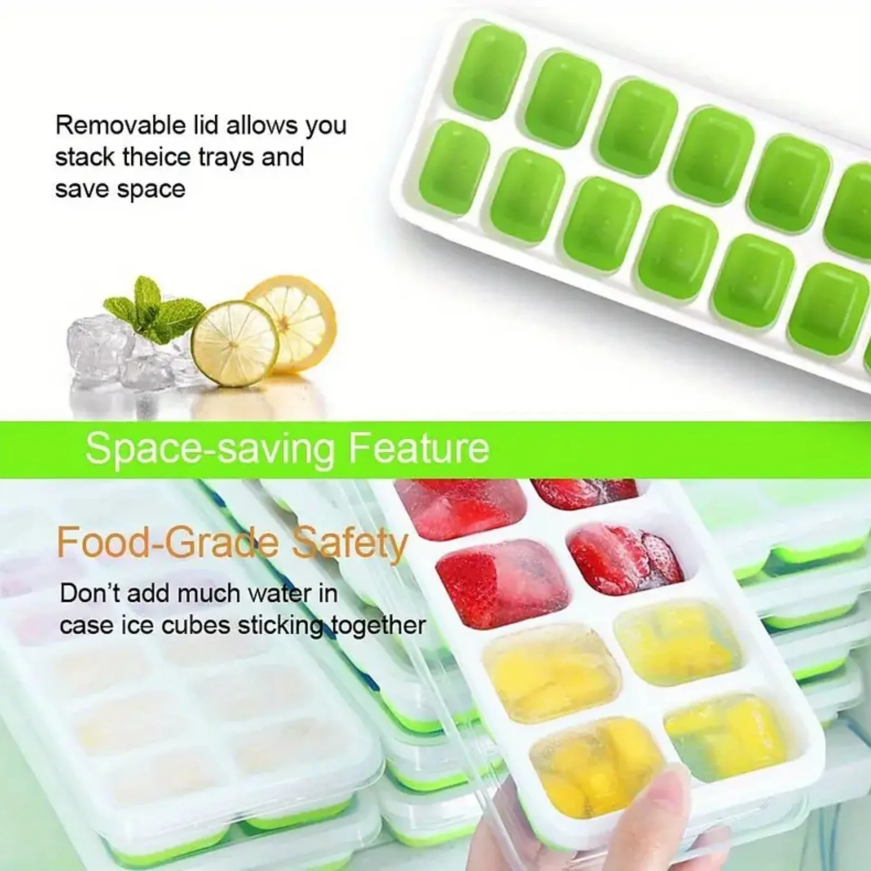 14-Grid Ice Cube Trays Silicone Ice Mold with Removable Lid DIY Homemade Popsicle Mould for Cocktail Freezer Kitchen Bar Tools