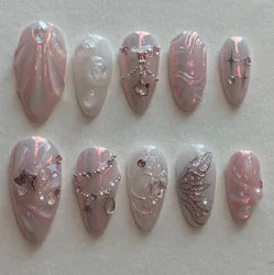 24pcs Sweet pink star Fake Nails 3D Ocean Shell Wearing False Nail Tips Butterfly Sparkling Diamond Ins Korean Press on Nails