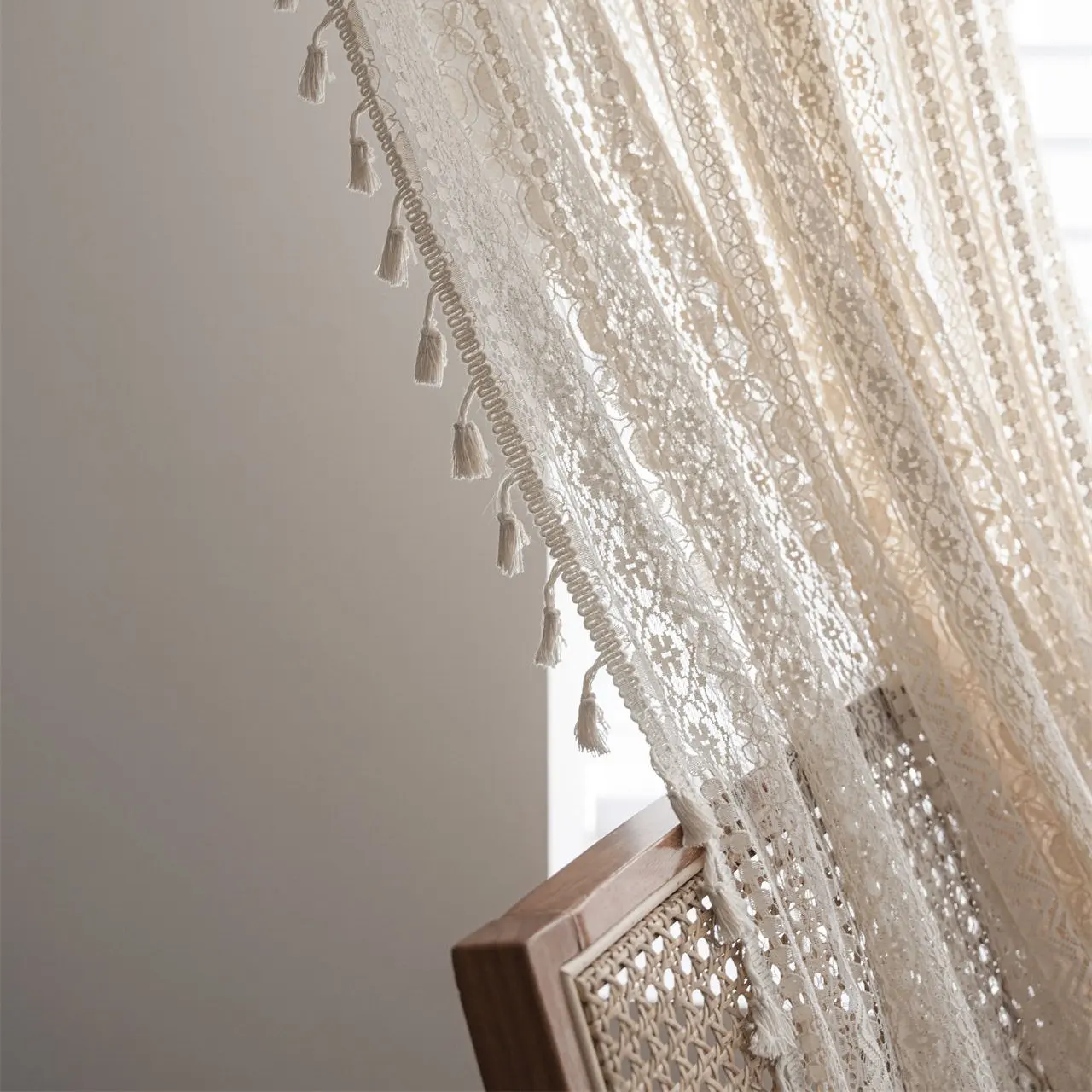 Beige Crochet Translucent Curtain with Wave Pattern - American Style Rural Hollow Design, for Living Room, Bedroom, Home Decor