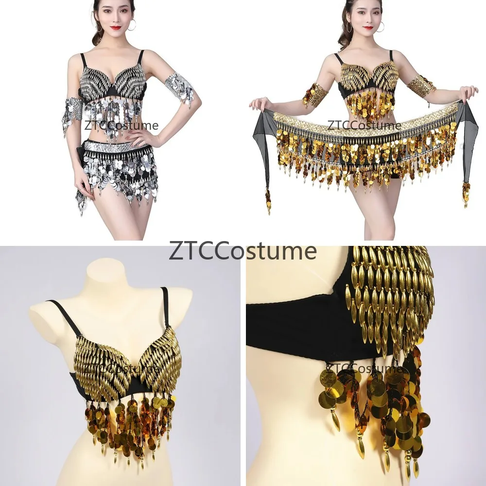 

Belly Dance Costume 3PC Set Sequin Tassel Bra Beaded Hip Scarf Armbands for Women Nightclub Party Performance