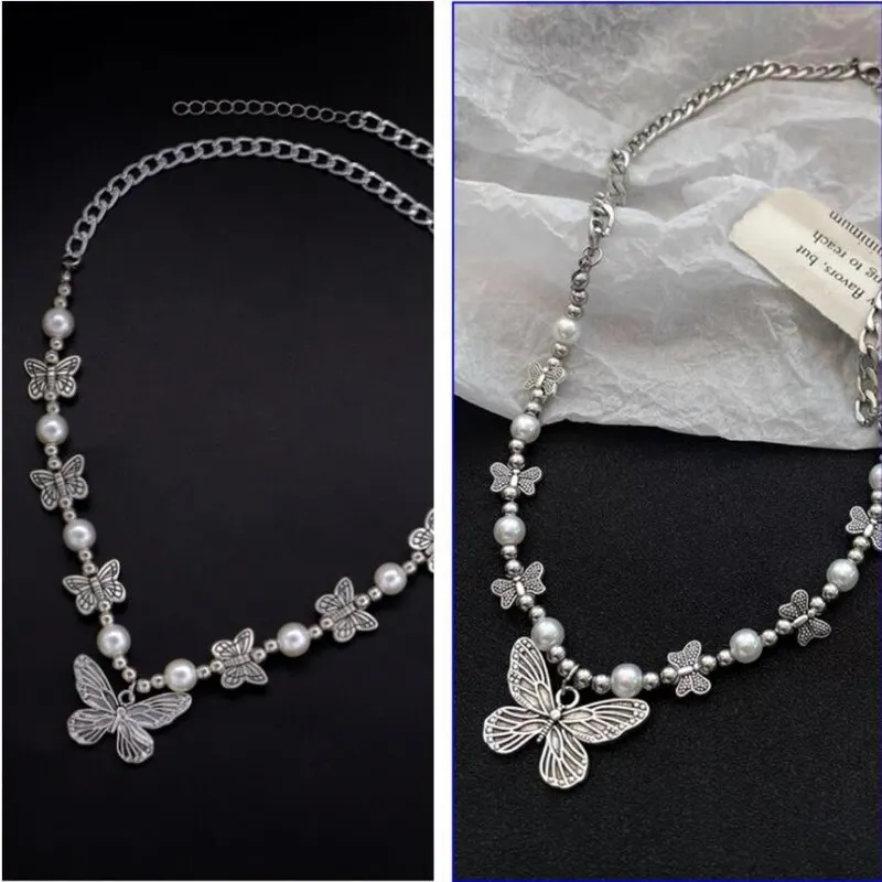 2PC Antique Silver-plated Necklace Vintage Style Butterfly Series Handmade String Faux Pearls Short Sweater Chain