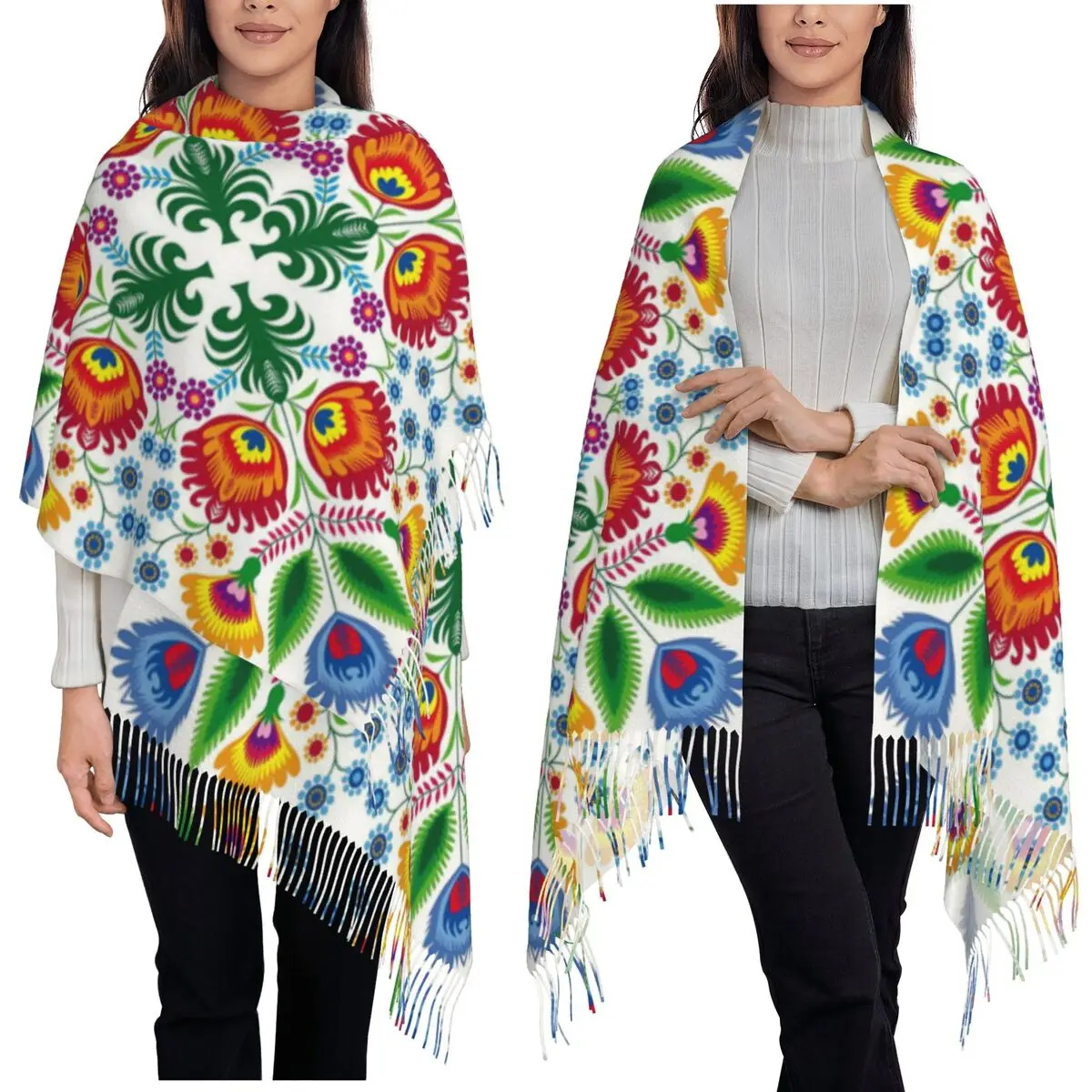 

Poland Folk Flowers Polish Floral Art Scarf Tassel Scarves Women Soft Warm Shawls and Wraps Large Fall Winter Shawl Wrap