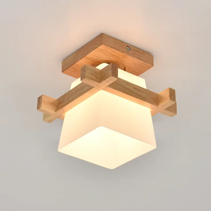 Tatami Japanese Ceiling Light for Home Lighting Glass Lampshade E27 LED Ceiling Lamp Wood Base Hallways Porch Fixtures ZM1111