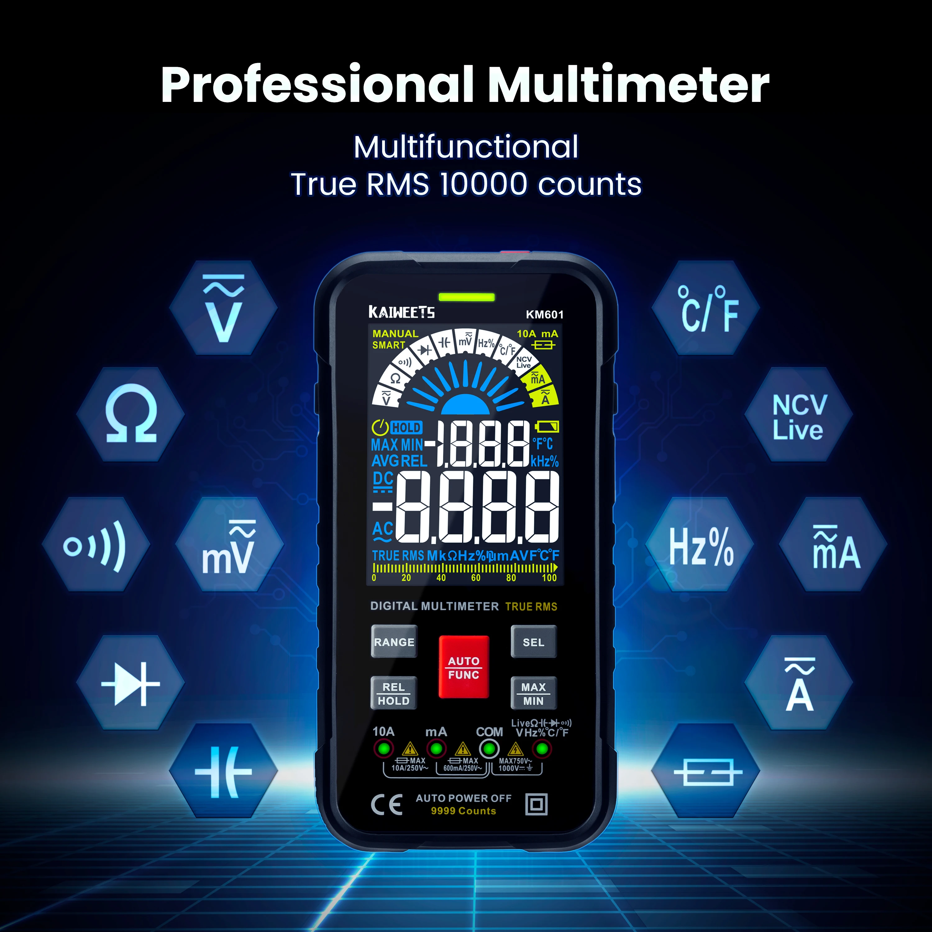 KAIWEETS KM601 Precision Digital Smart Multimeter 9999 Counts True-RMS  Multimetro with Color Screen LCD