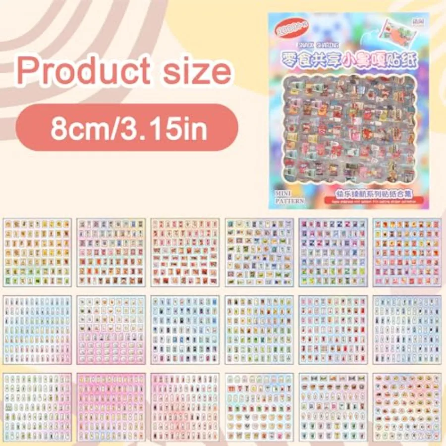 2000+ Cute Mini Sticker Pack, 36 Sheets Tiny Food and Snack Stickers, 5mm Transparent Pet Stickers Including Fruits, Drinks, De