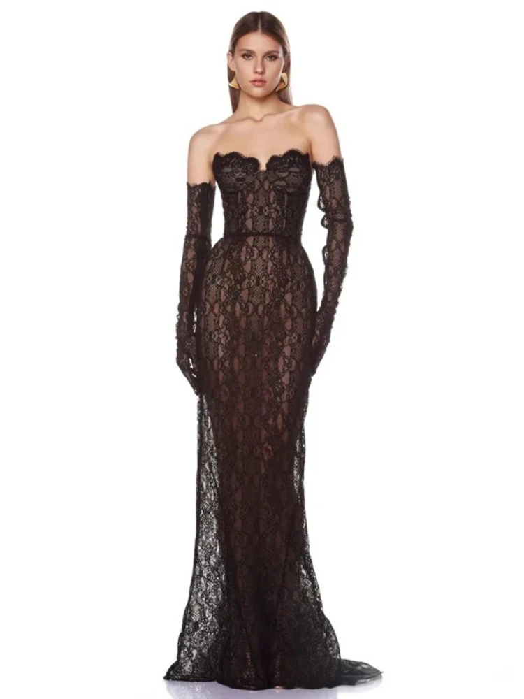 

Sexy Strapless Lace Up Long Dress with Gloves Women Elegant Sleeveless Floral Lace Maxi Dresses Celebrity Evening Party Gowns