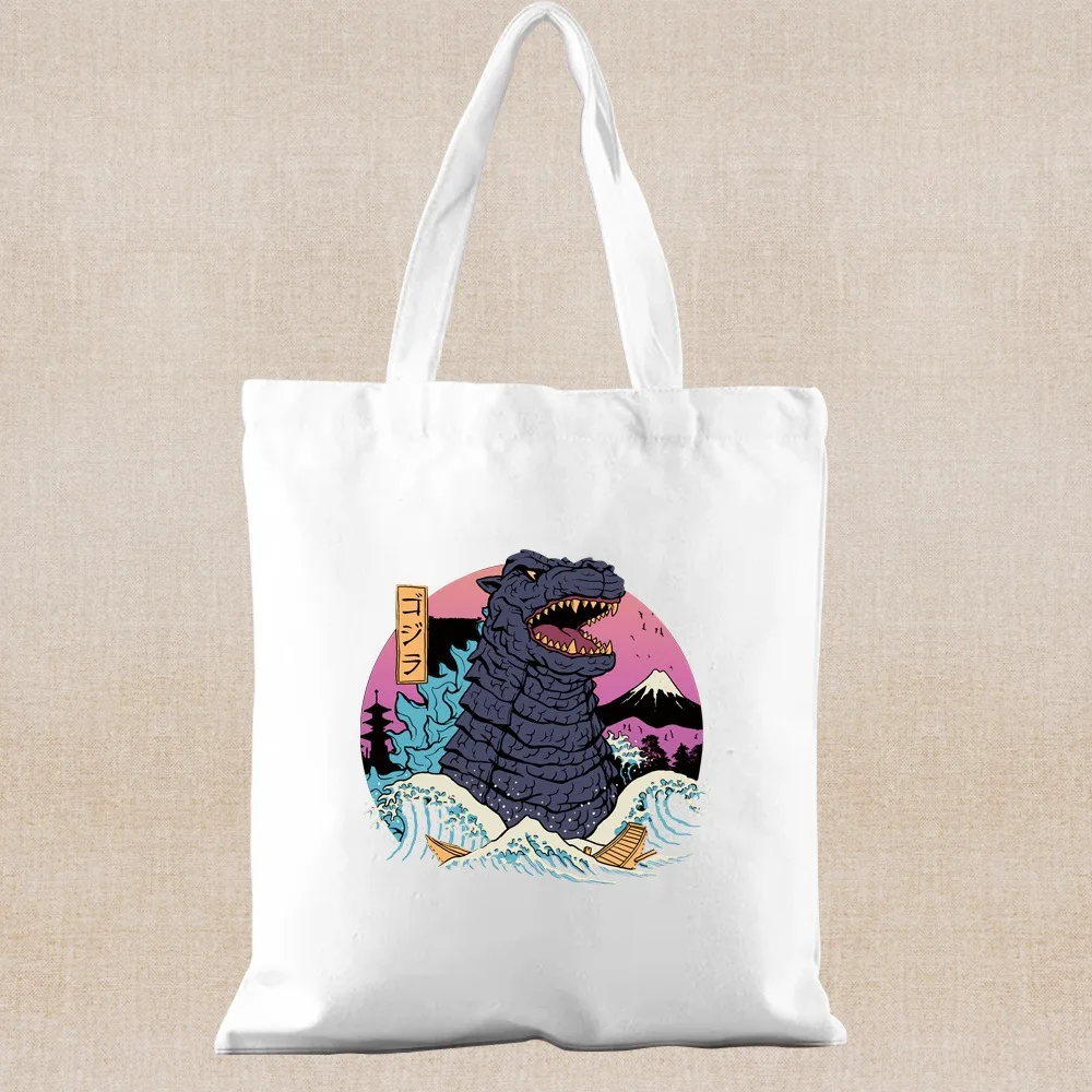 حقيبة يد يابانية كاناغاوا موجة القط مطبوعة حقيبة قماش قنب حقيبة كتف نسائية حقيبة يد للتسوق المحمولة