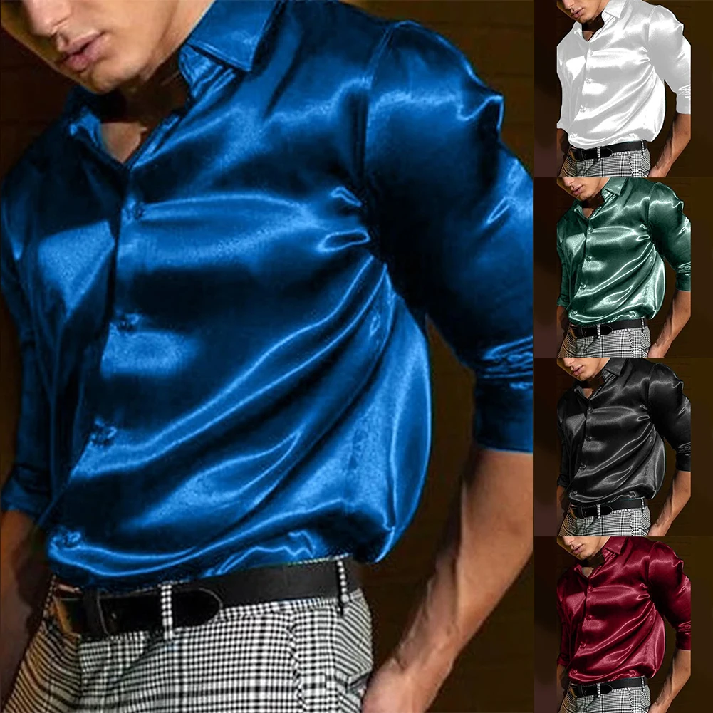 

Men's Satin Silk Dress Shirt Long Sleeve Casual Button Down Shirts Disco Club Fashion Blouse Top New