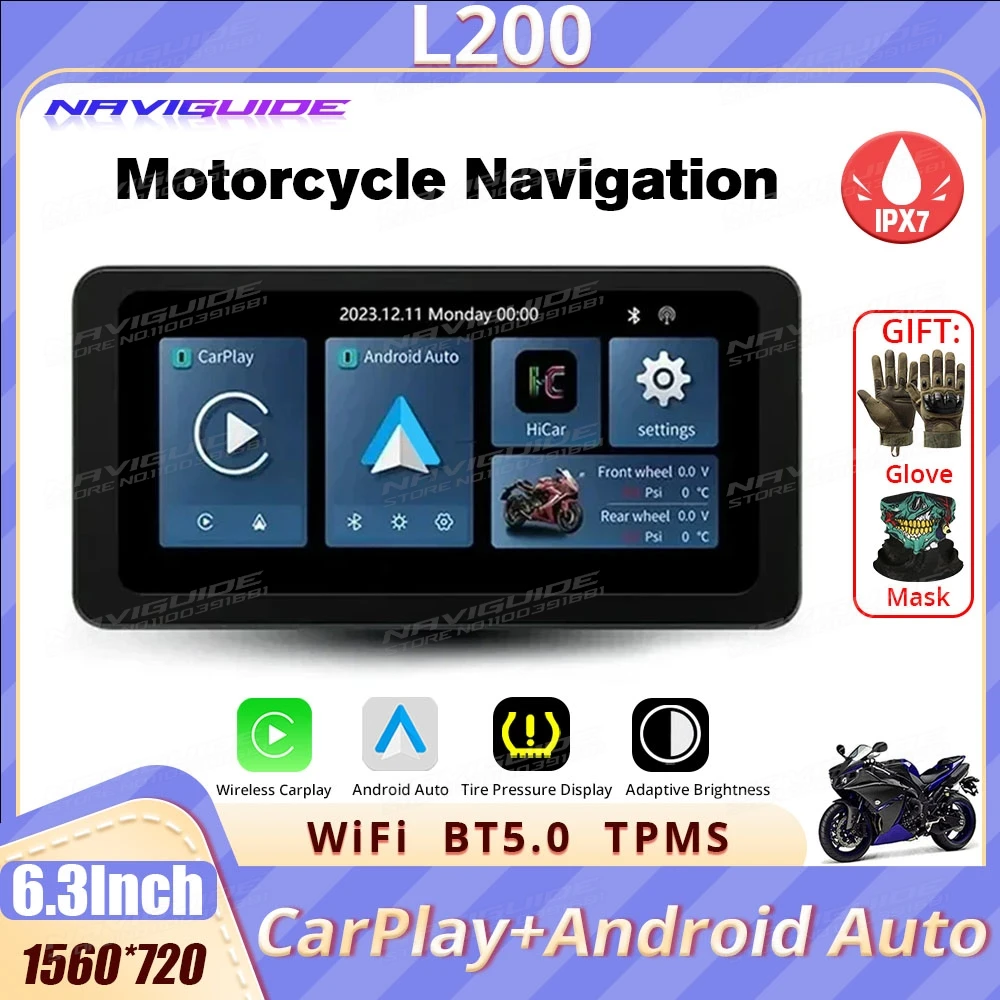 

NAVIGUIDE L200 6.3'' Linux carplay motorcycle Wireless CarPlay&Android Auto Portable Moto LCD Display IPX7 WiFi 1560*720 BT 5.0