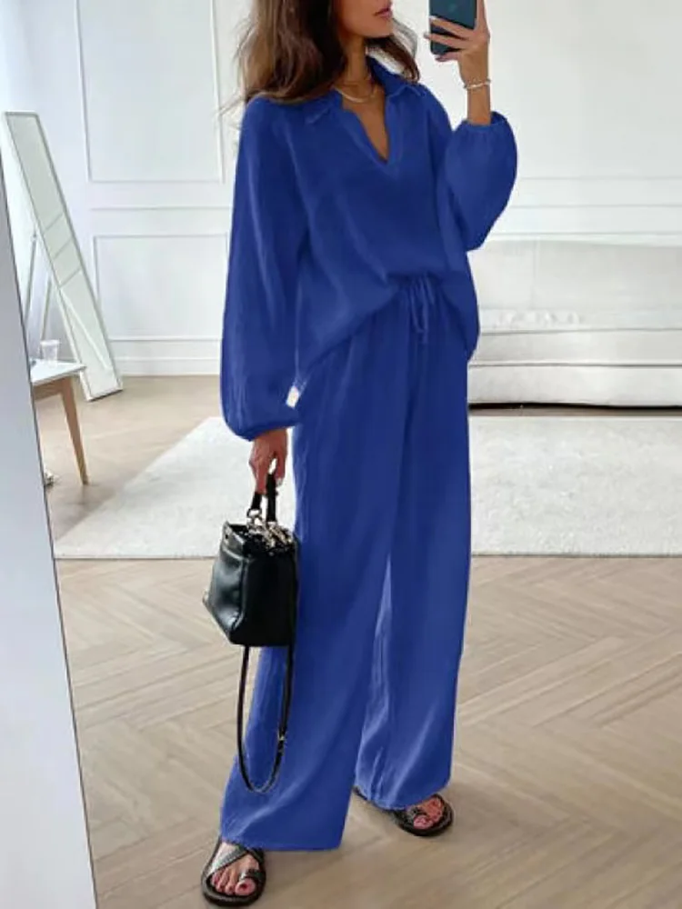 Women Loose Solid Patchwork Matching Set, V-Neck Pullover Top Wide Leg Pants 2PCS Outfit, Drawstring Elegant Simple Ladies Suits
