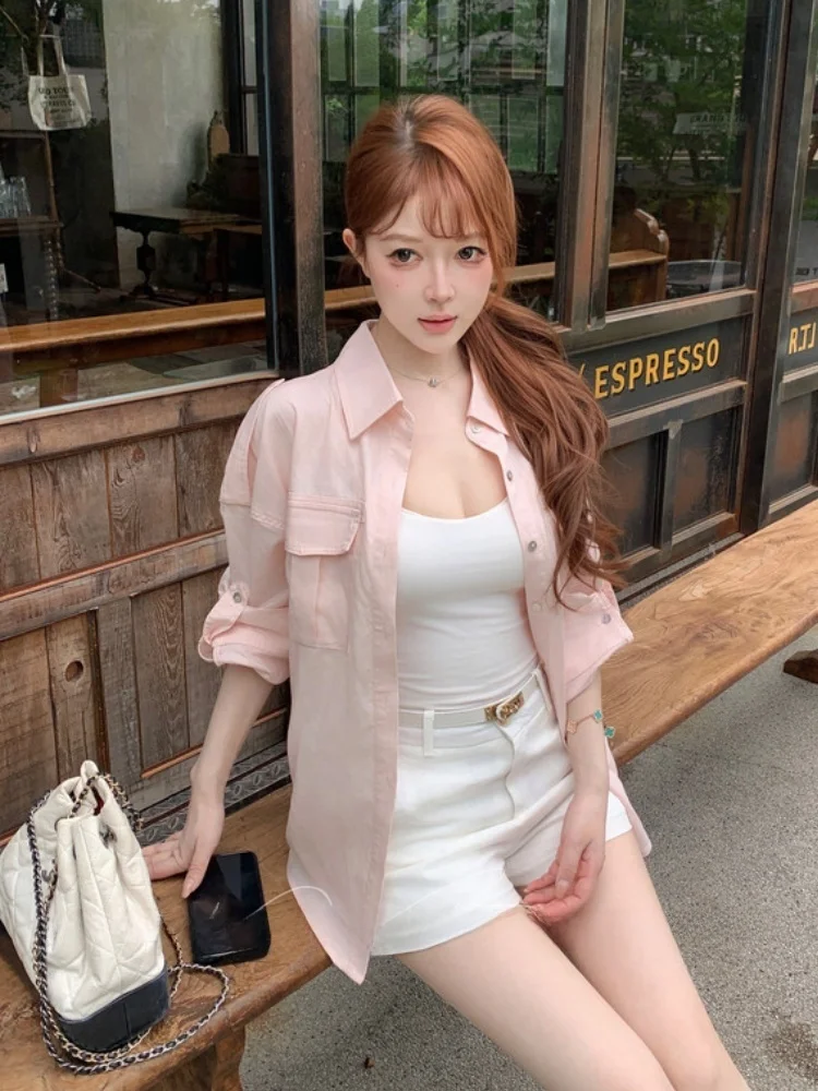 

Pink Long Sleeve Shirt Women's Loose Fit Collarless Jacket Comfortable Breathable Summer Fashion Gentle Wind Style Versatile Top