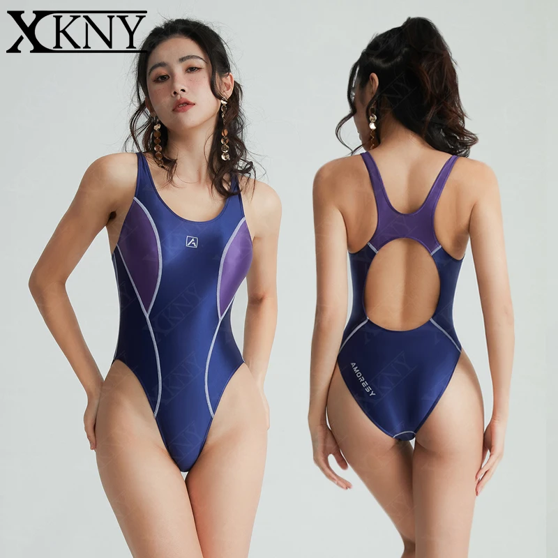 

XCKNY satin glossy swimsuit sexy collared swimsuit Glossy tight elastic silky one-piece swimsuit