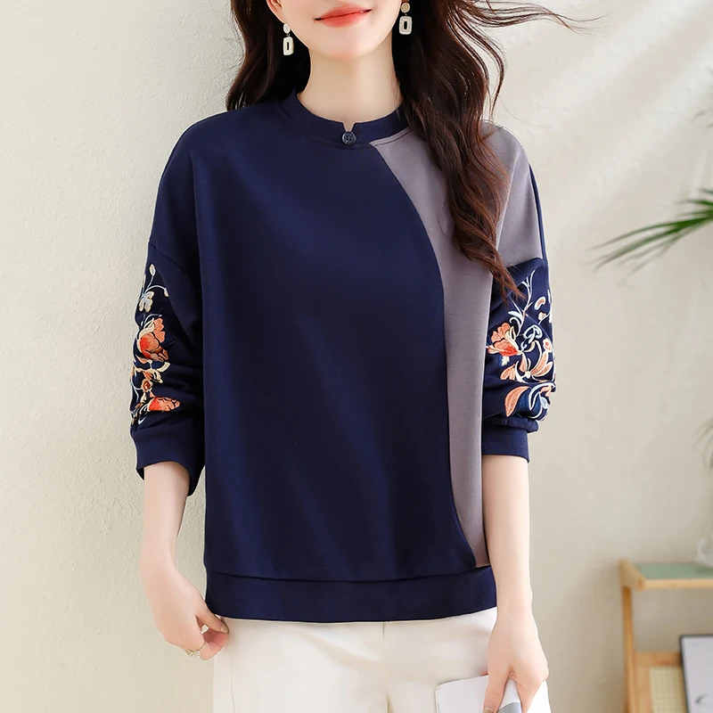 Felpa con ricamo pesante patchwork retrò cinese Sle plus Size Top rotondo casual da donna per sorella grassoccia