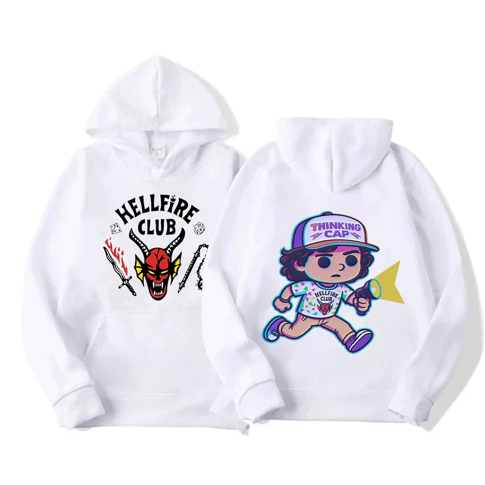 

Kids Adults Stranger Things Inspired Hellfire Club Print Cartoon Character Hoodie with Thinking Cap and Flashlight Design