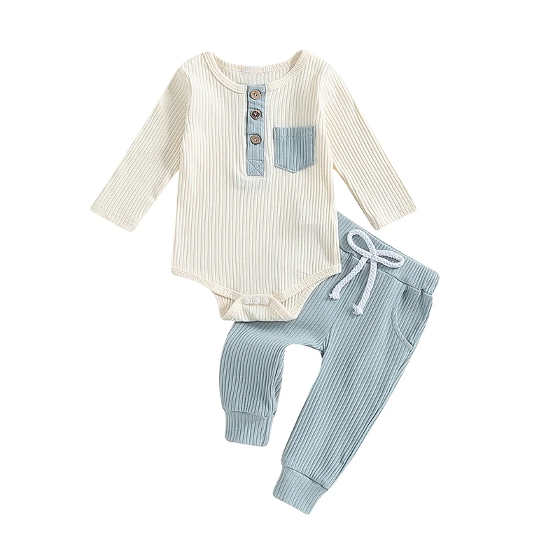 

Baby Boys 2PCS Outfit Sets Long Sleeve Crew Neck Button Romper Solid Color Drawstring Pants Sets