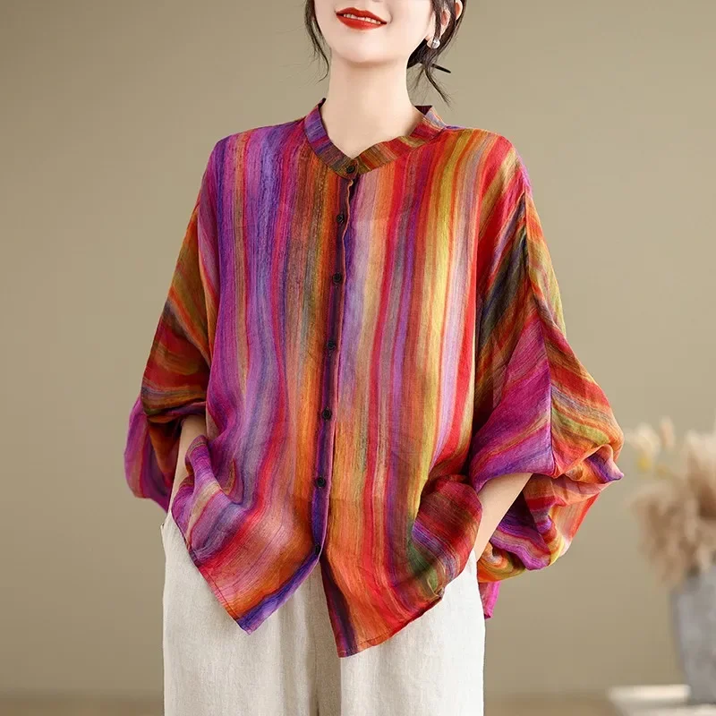 

Women Long Sleeve Casual Shirt New Arrival 2024 Spring Vintage Style Colorful Striped Loose Comfortabel Female Tops Shirts B3626