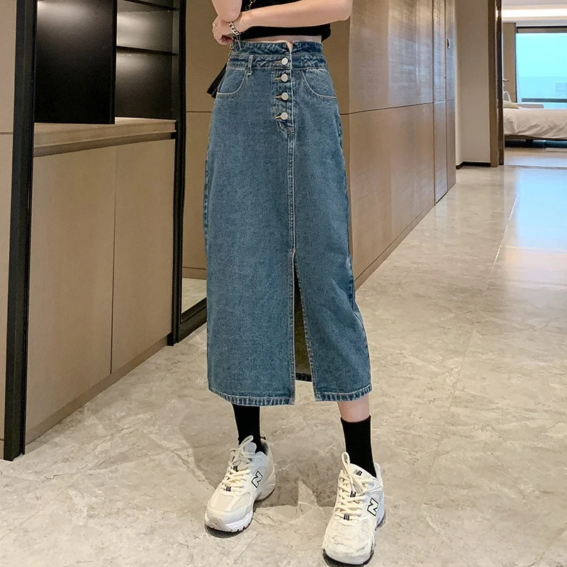 2023年夏ファッション ハイウエストデニムミニミディスカート レディース トレンド スリムフィット Aラインスカート フロントスリット入り カジュアル コットンブレンド