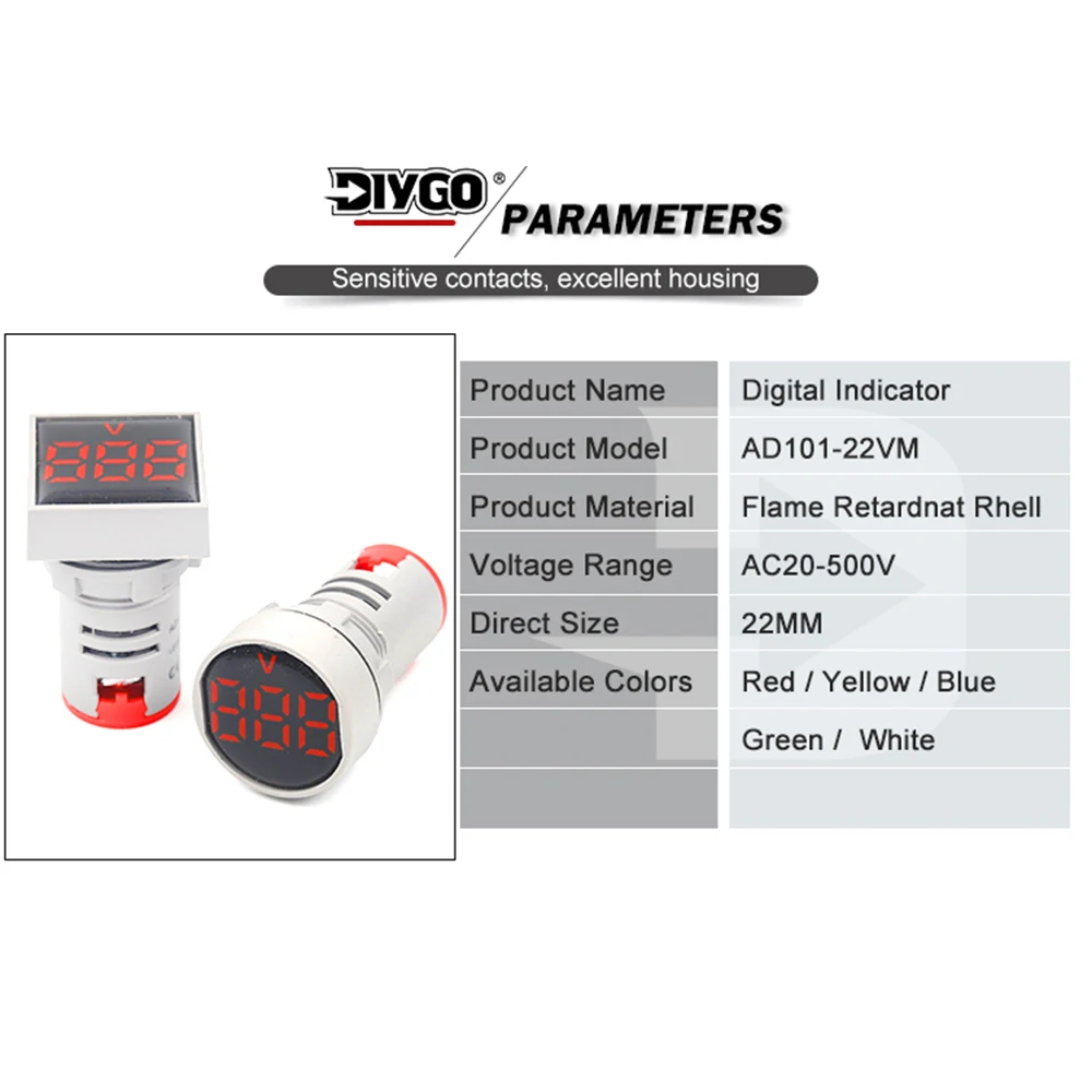 22MM Protective Film AC20-500V Voltmeter Square&Round Panel LED Digital Voltage Meter Indicator Light Tester Voltmeter