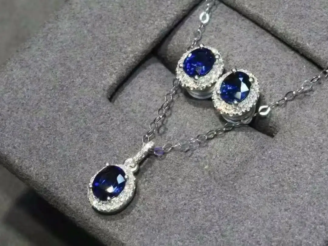 100% Natural and Real Sapphire Set Royal Blue 925 Sterling Silver 1pc pendant,2pcs earrings