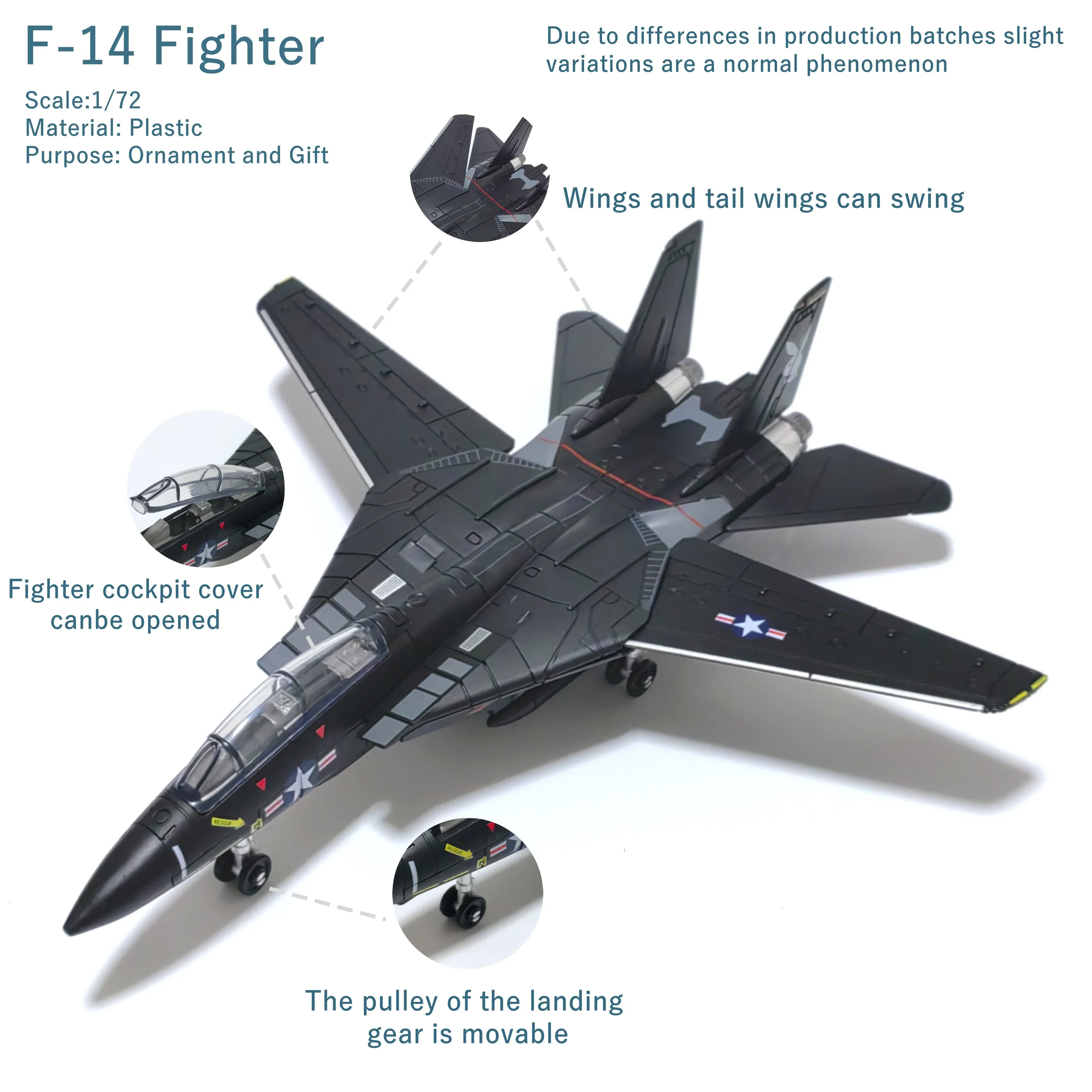 Modelo a escala de plástico F-14 Fighter 1/72 (incluida la base) Modelo a escala Colocación, colección y decoración del hogar Regalo creativo
