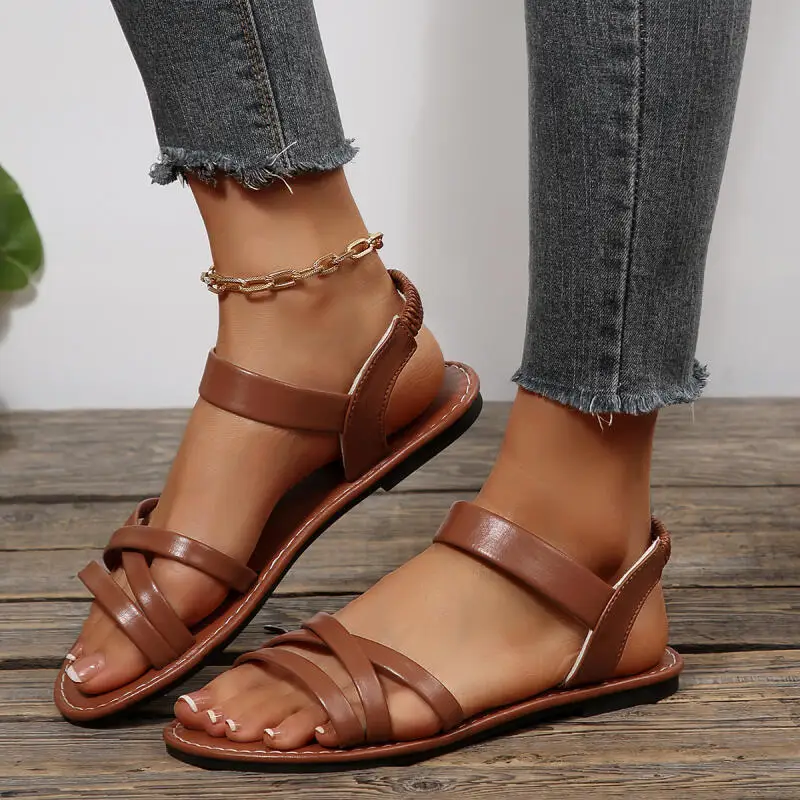 Vintage Ankle Strap Woman's Gladiator Sandals Summer 2026 Comfort Flat Heel Sandals Plus Size 43 Soft Sole Beach Shoes for Women