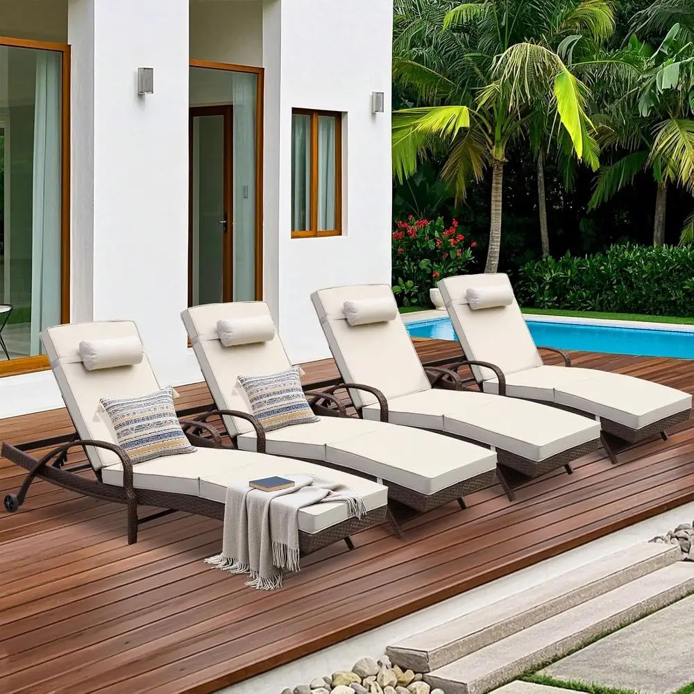 

Outdoor Lounge Chairs Set o 4 Beach Wicker Chaise Lounge with Wheels, Cushion, Adjustable Backrest and Pillow or Outside Pool Su
