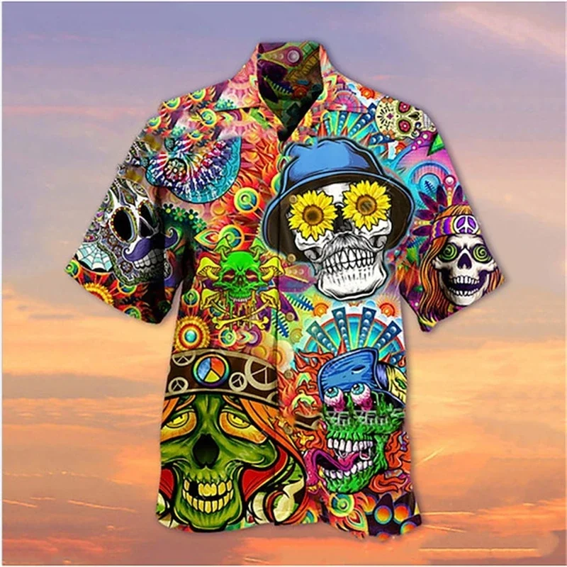 Camisa con solapa de calavera para hombre, camisa hawaiana informal con estampado 3D de terror, Retro, con botones, de manga corta, nueva