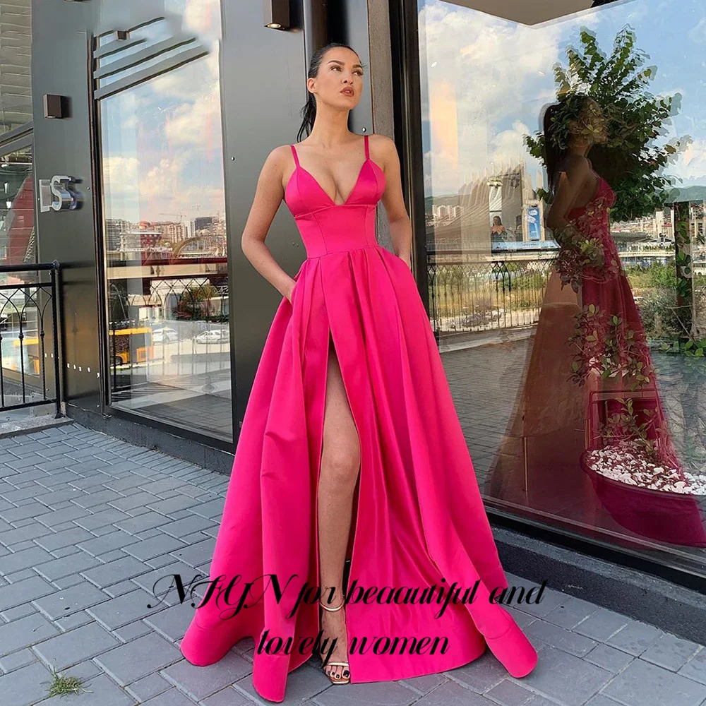NFYN Sexy V Neck Satin Evening Dresses Spaghetti Strap Side Slit Prom Dress High Waist Evening Gowns Robe De Soiree Customized image 4