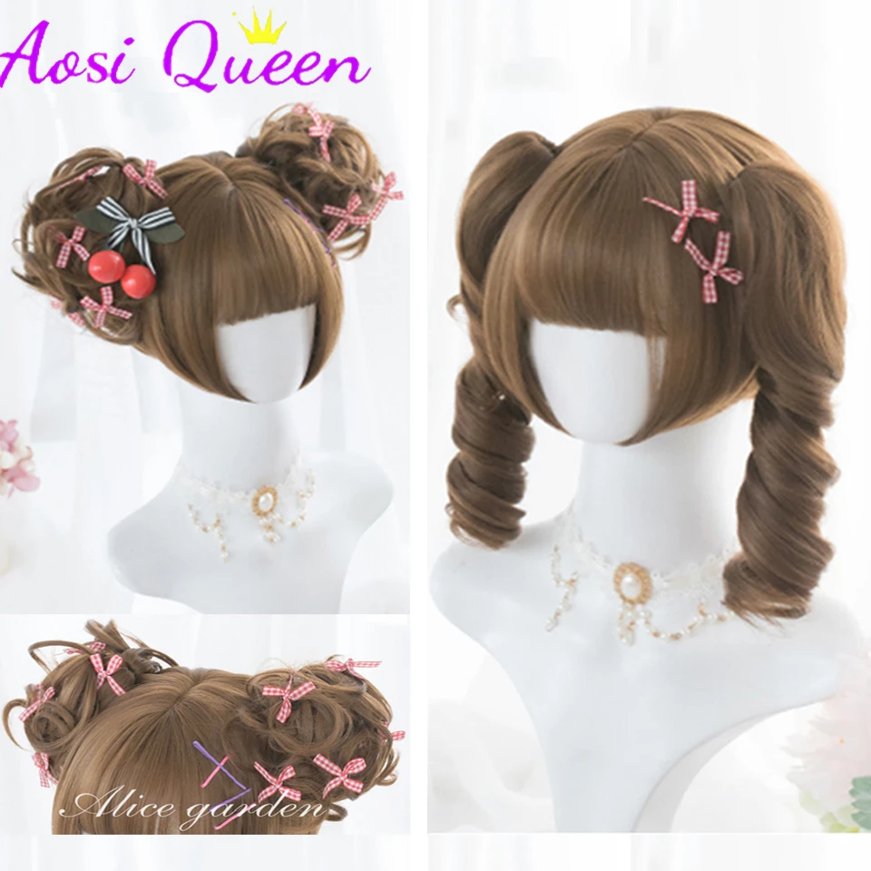 AOSI Beige Golden Elegant Retro Roman Curly Double Ponytail Lolita Tiger Mouth Clip Wig