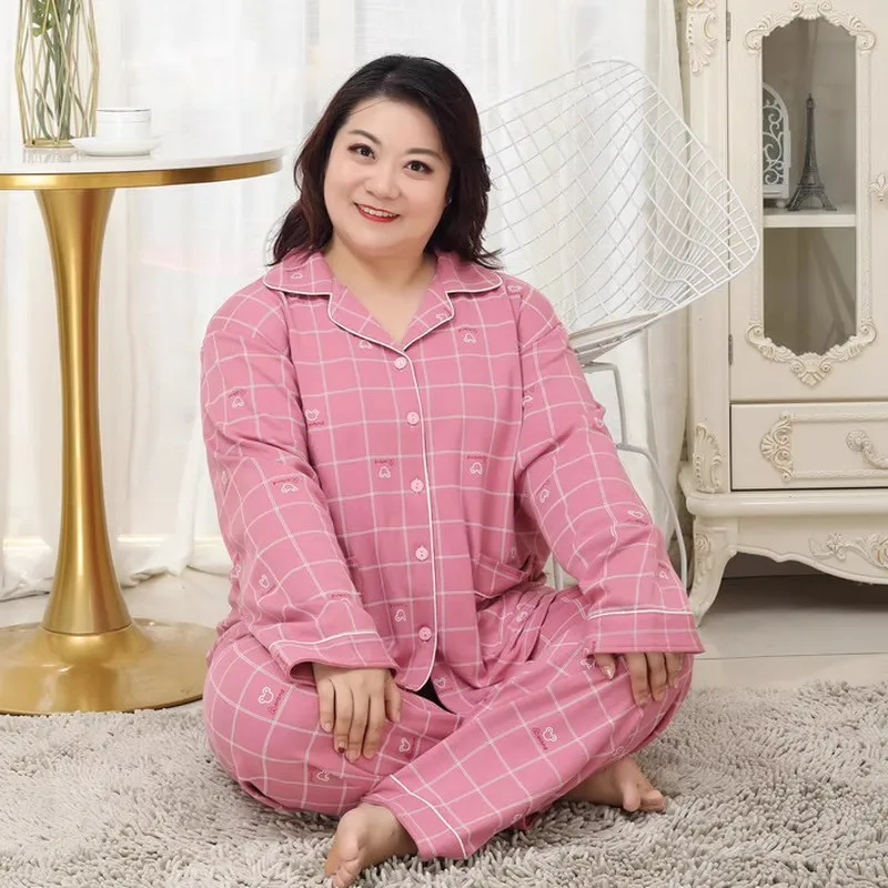 

130kg Plus size Pure cotton pajamas sets women Autumn Winter 100% cotton Long sleeves trousers sleepwear women 58583