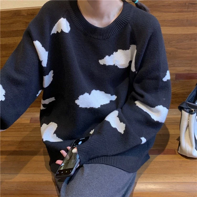 Blue/Black Fall Winter New Pull Jumpers Women Korean Cartoon Cloud Sweater Chic Casual Oversized Knitted Pullover Tops All-match