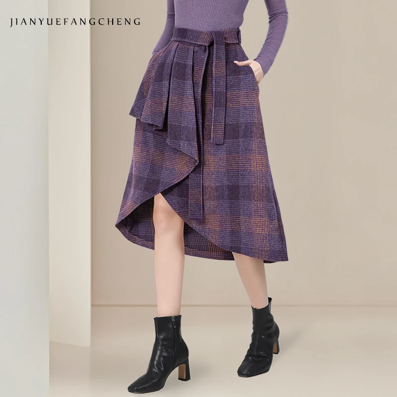 Fashion Purple Checkered Woolen Skirt For Winter Womens High Waist A-line Asymmetrical Lace-up Mid-length Casual Vintage Skirts