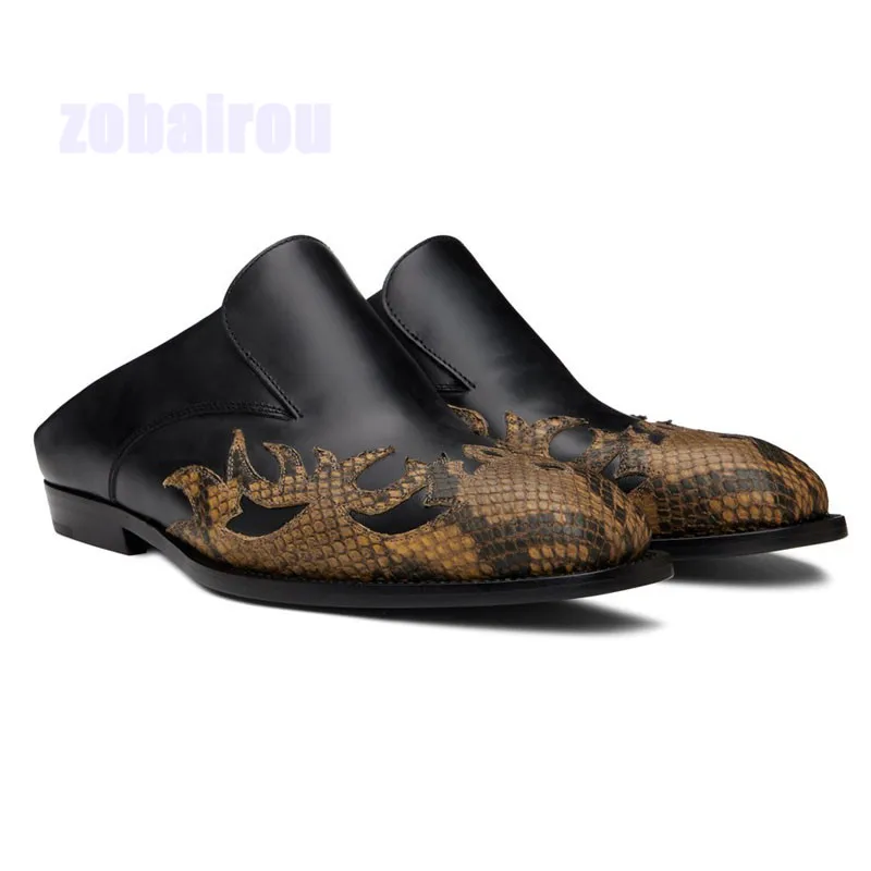 

Totem Embroidery Design Half Slippers Casual Flat Shoes British Style Genuine Leather Handmade Man Shoes Slip-On Summer Loafers