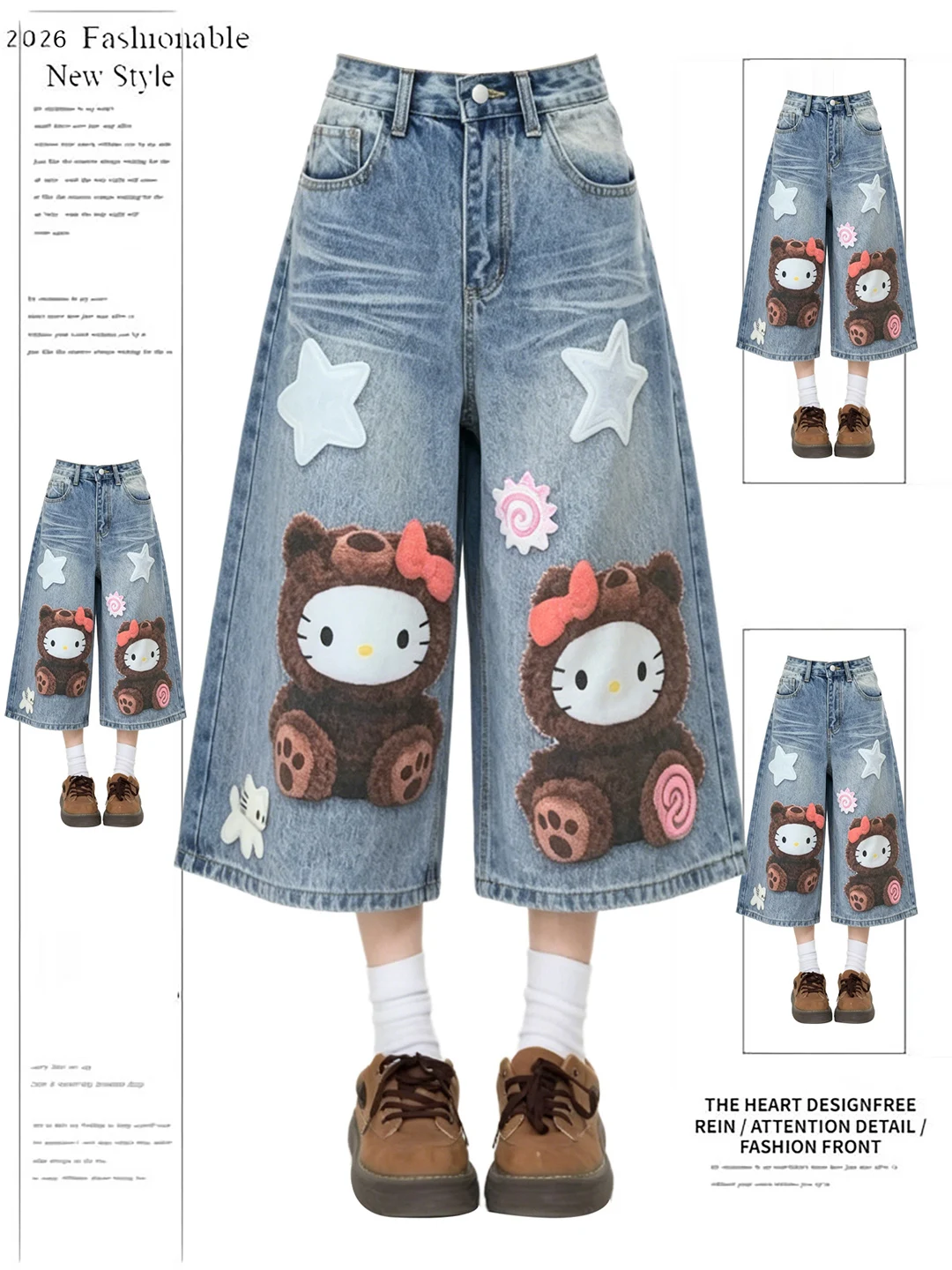 

Korean Style Blue Kitty Doll Seven-Foot Pants Women Summer Loose Slim Straight Tube Mid-Pants High Waist Wide Leg Jeans