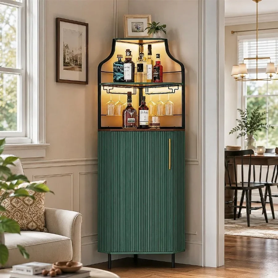 Corner Bar Cabinet with LED Strip, 4-Tiers Liquor Cabinet