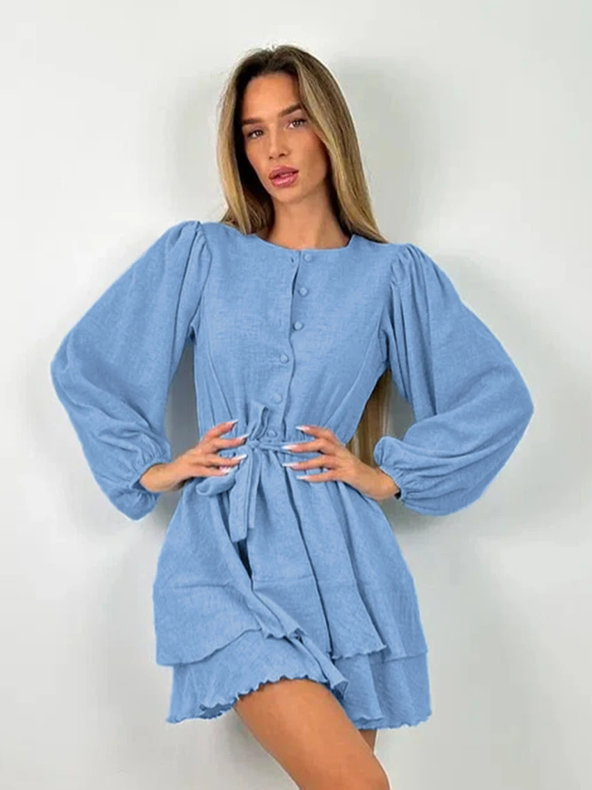 

Marthaqiqi повседневная женская одежда для сна с круглым вырезом, пижама на шнуровке, ночная рубашка с длинными рукавами, мини-платье, летняя однотонная женская ночная рубашка