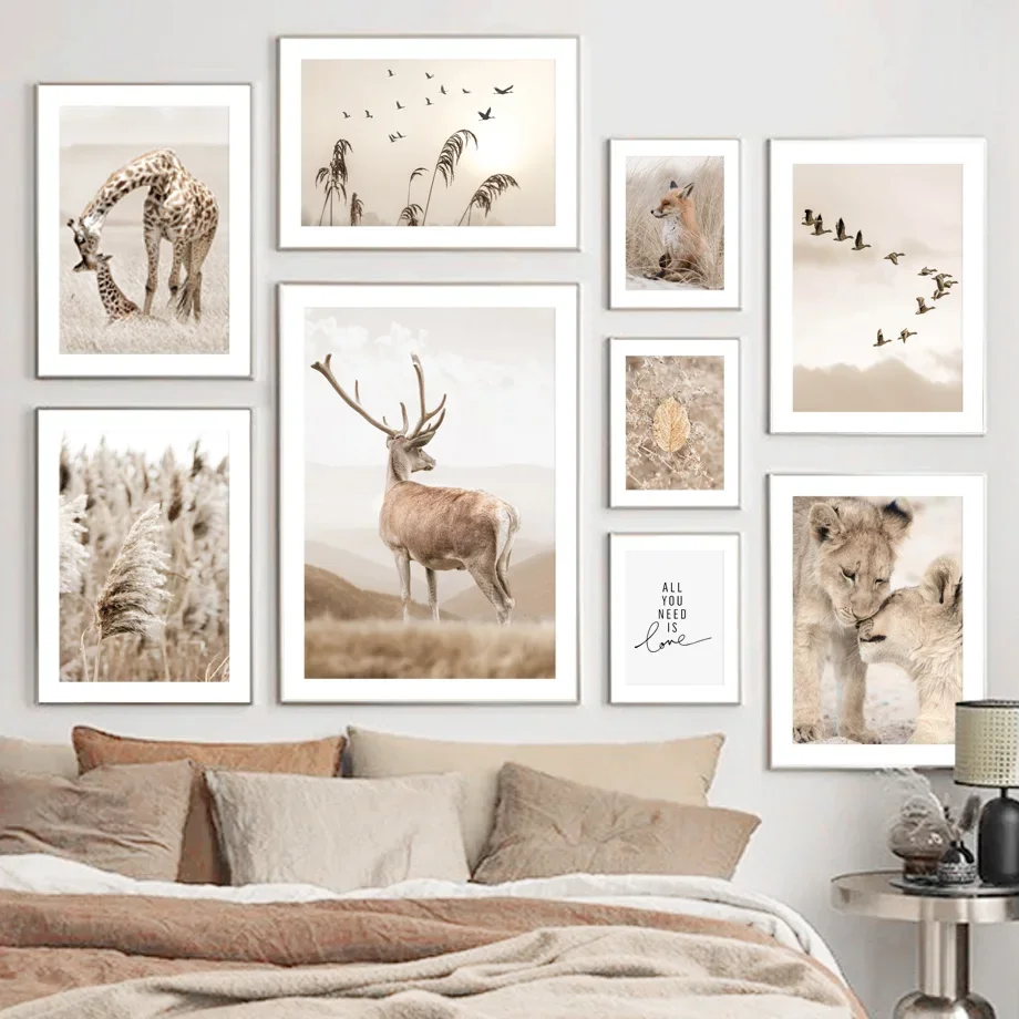 

Deer Lion Giraffe Reed Beige Africa Animals Landscape Art Posters And Prints Canvas Wall Decor Home Paintings For Living Room