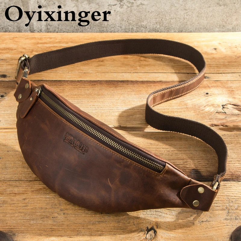 OYIXINGER Men\'s Crazy Horse Leather Waist Packs Multifunction Cowhide Leather Chest Bag High Quality Waist Bags Male Belt Bag