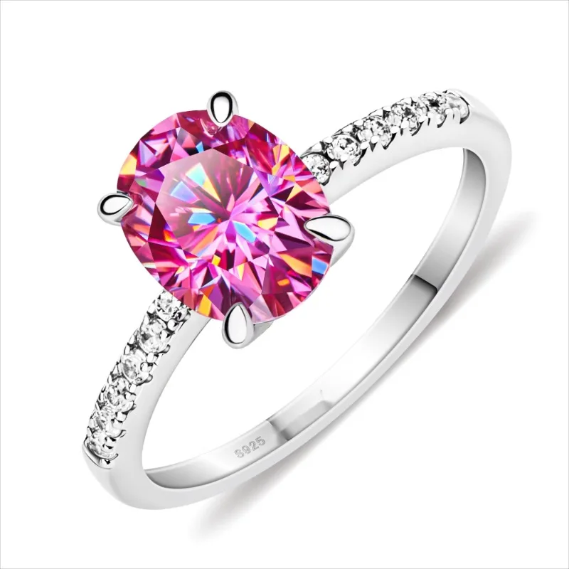 

Pink Oval Cut White Gold Plated S925 Silver Unique Vvs Moissanite Wedding and Engagement Rings for Women