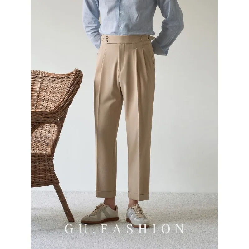 Fashion 2026 Paris Buckle Casual Suit Pants Men's Straight Slim Buckle Drape Double-pleated Business Gorger Formal Pants for Men