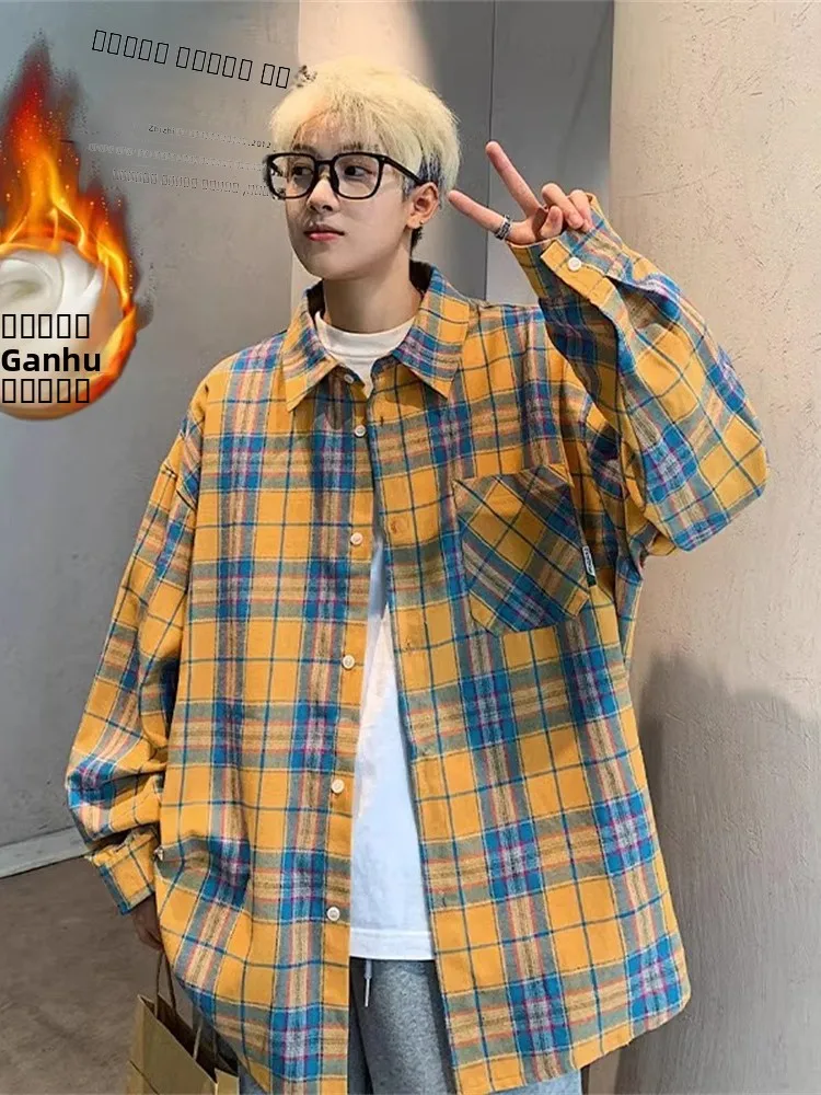 

Yellow Plaid Long Sleeve Men's Shirt American Retro Style Casual Coat Trendy Brand Lazy Style Couple Top Button up Shirt
