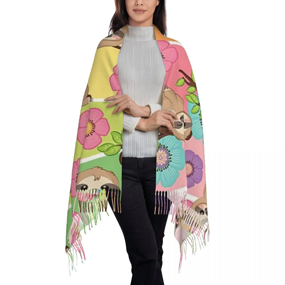 Sloth And Flower Scarf Tassel Scarves Women Soft Warm Shawls and Wraps Long Fall Winter Shawl Wrap