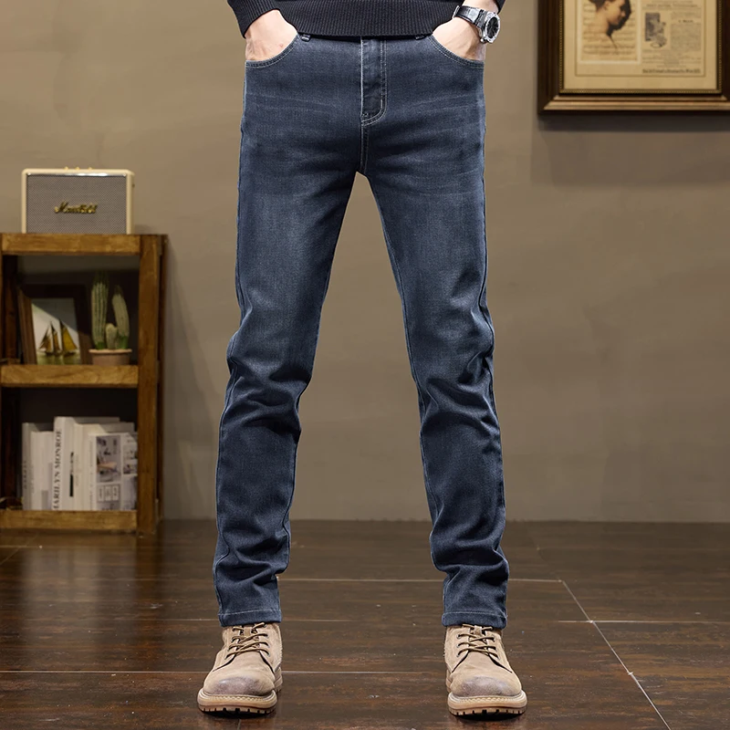 Jeans de algodão stretch slim fit masculino, versão reta, calça jeans da moda empresarial, calça azul vintage, preta, outono, nova, 2024