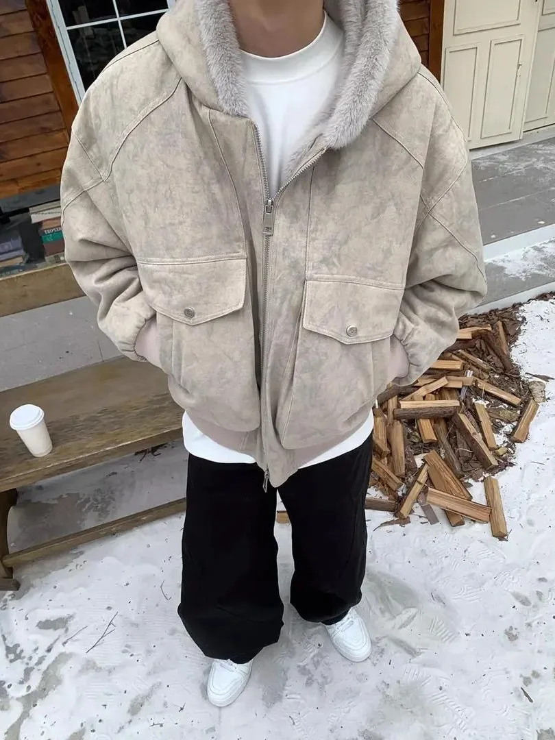 

Мужская зимняя утепленная куртка из искусственной кожи с капюшоном, свободного кроя, теплая, молодежная, в американском стиле, укороченная, на молнии