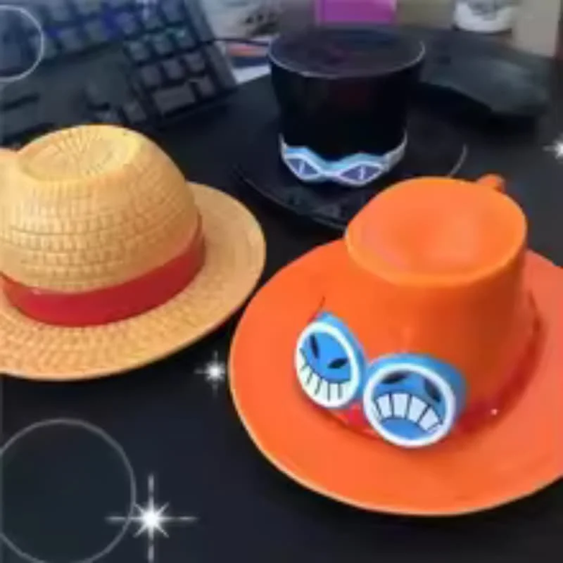Anime-Themed Coffee Mug with Saucer, Featuring Creative Luffy, Ace, Sabo, and Chopper Hat Designs. Ceramic Coffee Mug