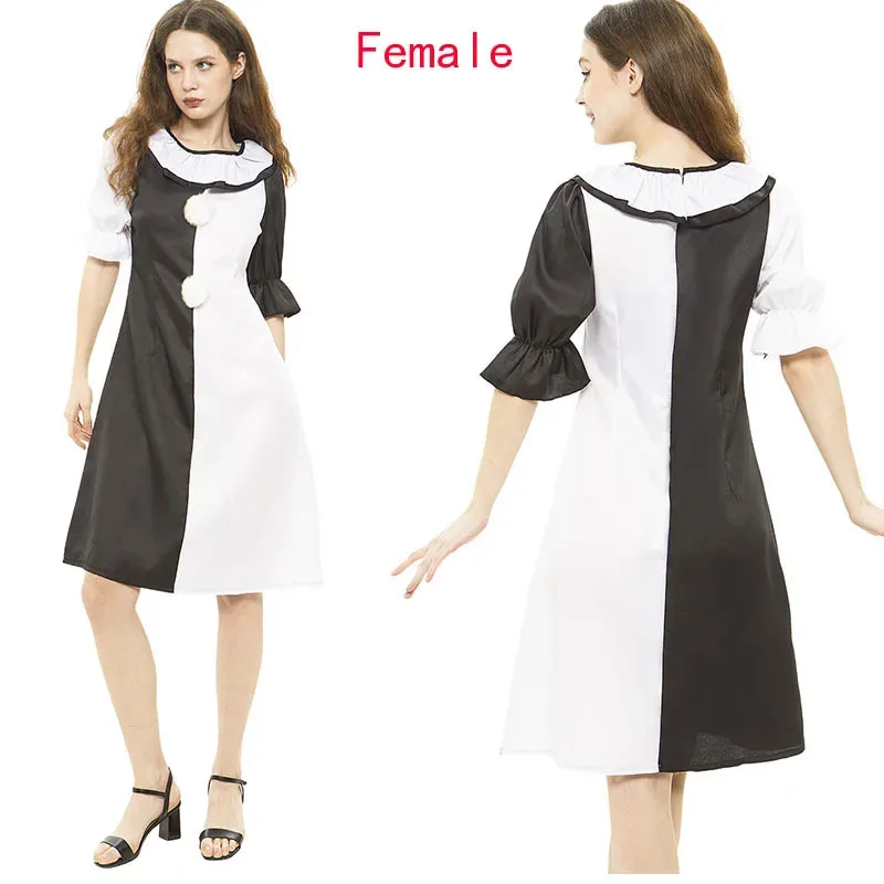 Wat99 المرعب تأثيري حلي أنثى/ذكر الرعب كرنفال حفلة الجلد ضيق أسود أبيض القاتل المهرجين بذلة ل H 2025 جديد