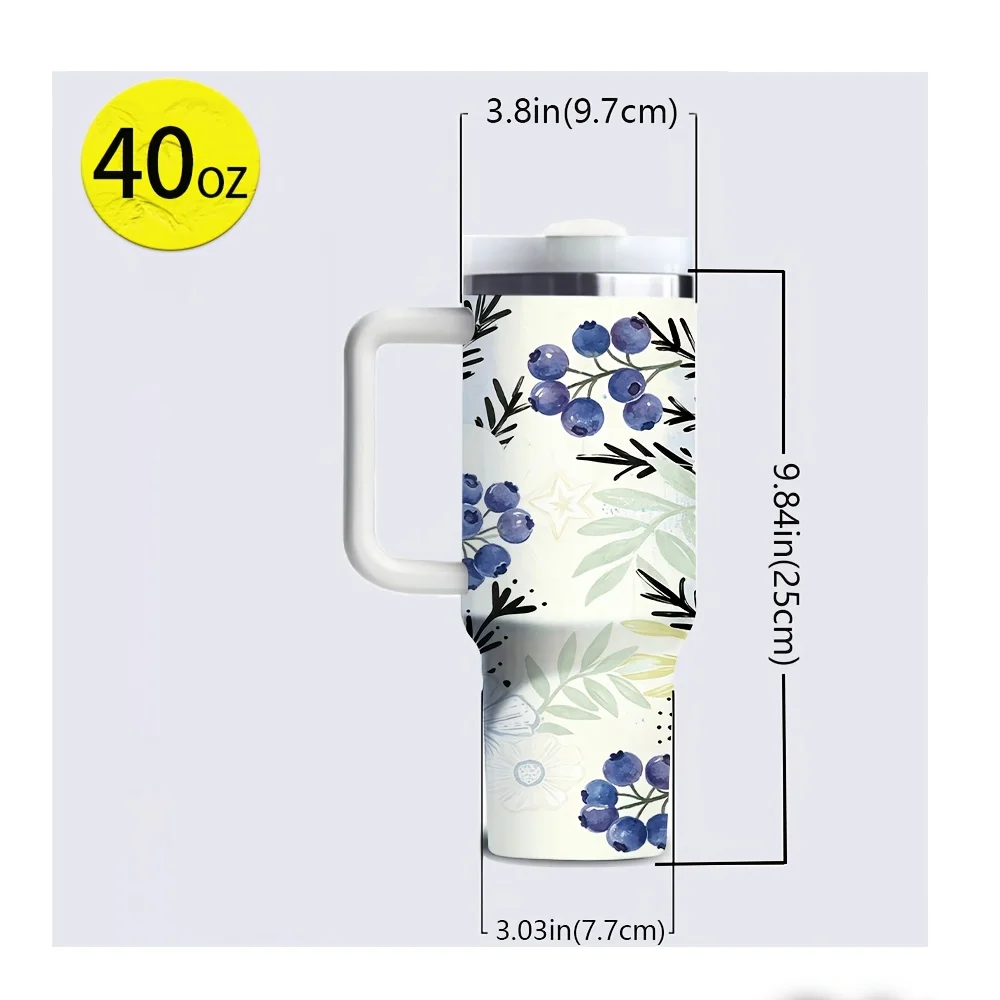 Blueberry White Floral Print 40oz Tumbler with Handle, Perfect Christmas Halloween Festival Gift, Suitable for Everyone Daily Use All Year Round, Ideal for Office Outdoor Home Travel Daily Scenarios